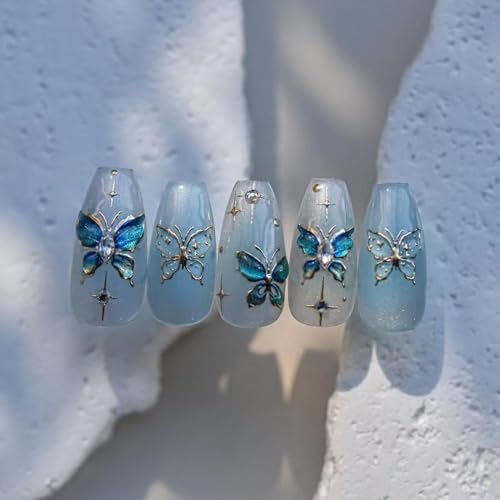 Image of Butterfly Nail Sticker for Nail Art Blue Green Ombre Nail Art Stickers 5D Embossed Rhinestone Design Supplies Jelly Butterfly Stickers for Nails Manicure Decorations