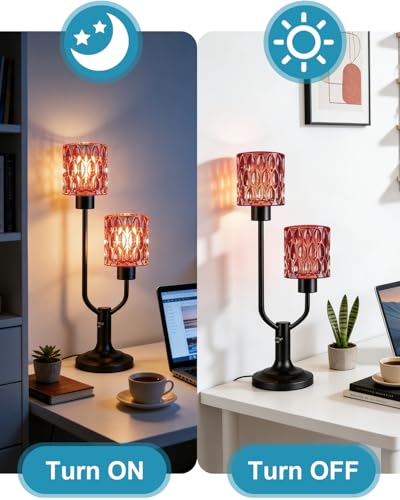 Image of Lightdot Red Glass Vintage Lamp Mid Century Modern Table Lamp Dimmable Gift | Nightstand Lamp Black Desk Lamp 2 Bulbs Included 3000K Warmwhite Ambient Bedside Lamps for Bedroom Living Room Home Decor