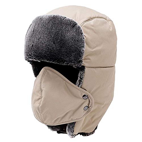 Yooeen Unisexe Chapka avec intérieur fourré Anti-vent Anti-poussière Chaud pour Ski Cyclisme d'Hiver Casquette Chapeaux with Ear Flap, Beige, Réglable(56-62cm) Cover