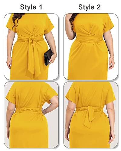 Image of Pinup Fashion Plus Size Dresses for Women Wedding Guest Short Sleeve Tie Front Waist Belted Pencil Work Knee Dress