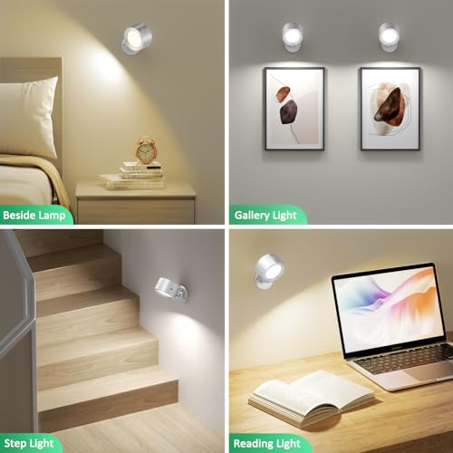 Image of Racokky LED Wall Sconces 2 Pcs with Remote, Wall Lights 3000mAh Rechargeable Battery Operated, 3 Color Temperatures & Dimmable Wall Lamp Magnetic 360 Rotation Light for Bedroom Living Room(Silver)