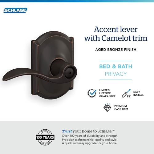 Image of Schlage F40 ACC 716 CAM Accent Door Lever with Camelot Trim, Bed & Bath Privacy Lock, Aged Bronze