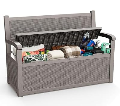 ROJIK 80 Gallon Storage Bench Deck Box Outdoor with Armrests,Storage Furniture Waterproof Lockable for Porch Patio and Garden (Grey)