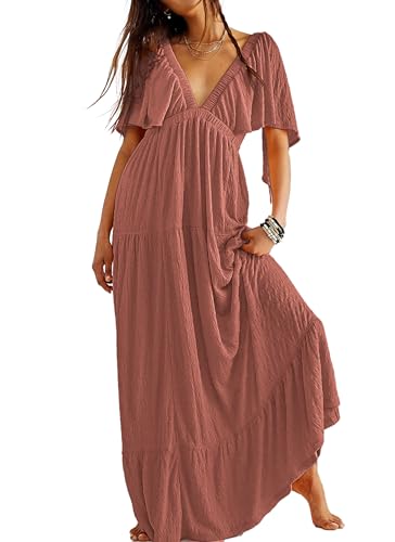 Image of Kikibell Women Summer Dresses Sexy V-Neck Maxi Dress Tiered Silhouette with Flutter Sleeve Backless Elastic Waist Flowy Dress
