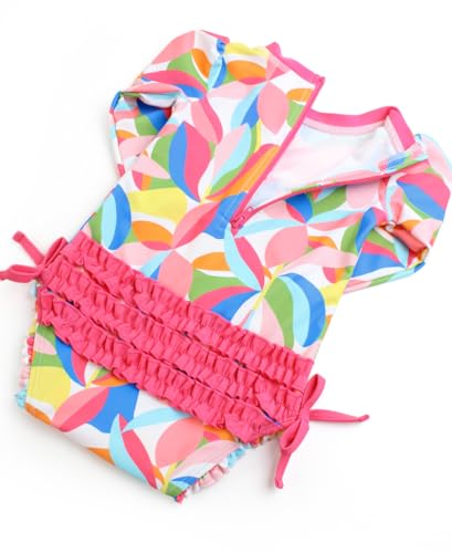 Image of RuffleButts Baby Girls UPF 50+ Sun Protection Floral Printed Long Sleeve One Piece Rash Guard Swimsuit with Zipper