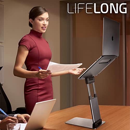 Image of Laptop Stand, Ergonomic Sit to Stand Laptop Holder Convertor, Adjustable Height from 2.1 inch to 13.8 inch, Supports up to 22lbs, Compatible with MacBook, All Laptops Tablets 11-17 inch - Silver | Ergonomic Laptop Stand for Desk, Portable Foldable Computer Stand, Fits 10-17 Inch Laptops & MacBooks