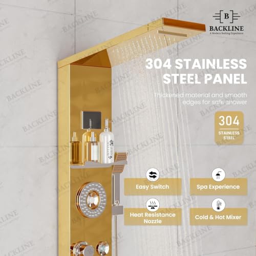 Image of Backline shower panel | 8 In 1 Shower System 304 Grade Stainless Steel Thermostatic Shower With Storage Shelf, LED Rainfall Shower,Hot & Cold Adjustable,Massage Spray,Hand Shower & Water Spout (Gold)