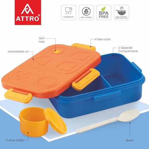 Image of ATTRO TicTac Plastic Lunch Box - 3 Compartment Bento Tiffin, Leak-Proof & Durable, Ideal for Kids, School, Picnic- 1200ml+80ml, Orange Blue