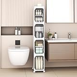 YVVVVY 20cm Bathroom Storage Cabinet, Waterproof Slim Tolilet Unit with Wheels and Removable Shelves, Freestanding Narrow Storage Floor Shelf for Small Space, Kitchen (21W*127H*34D)