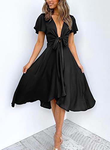 Image of miduo Womens Satin V Neck Ruffle Short Sleeve Tie Front High Waist Midi A-Line Maxi Dresses