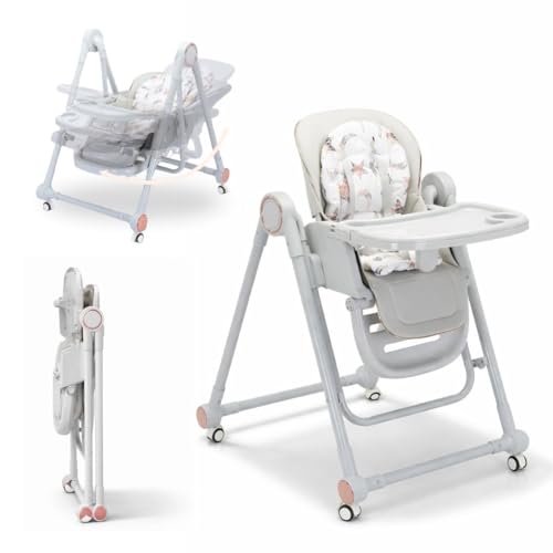 BATHBY Trona Evolutiva 3 en 1 – Plegable y Portátil, con Altura, Reposapiés, Respaldo y Bandeja todo Ajustables, 8 Niveles de Regulación y Sistema de Seguridad, Hasta 6 Años (Gris)
