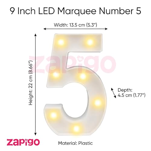 Image of Balloonistics LED Marquee Number 5 Light - 9-Inch Cordless | Cordless Battery-Operated, Standing Sign, 5th Birthday & Anniversary Decor, Wedding & Home Decor