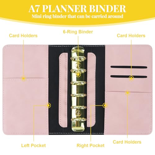 Image of MultiBey Mini A7 Budget Planner Binder, 6-Ring Refillable Notebook Cover | Aesthetic black PU leather loose leaf organizer with zipper pocket & pen. Portable folder notebook for budgeting and planning