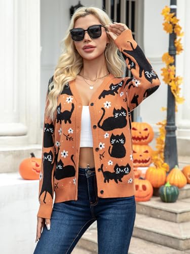 Halloween Sweaters for Women Black Cat Button Down V Neck Knit Sweater Cardigan Fall Winter Open Front Outerwear3