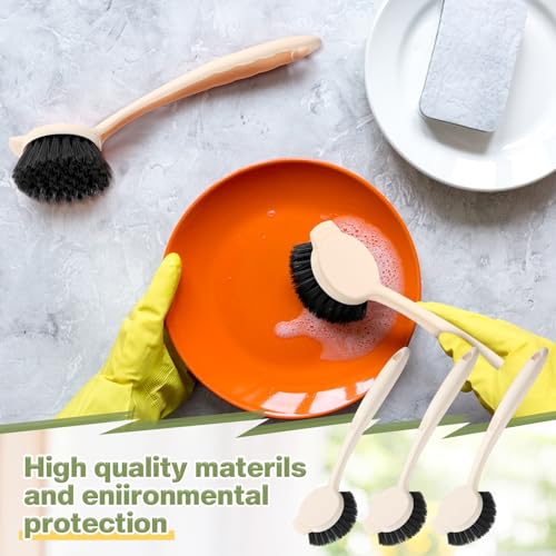 Image of 16 Pack Dish Brush with Handle Dish Scrubber Brush with Built-in Scraper Kitchen Scrub with Stiff Bristles Long Scrubber for Home Restaurant Pot Sink Washing Cleaning Supplies, Beige