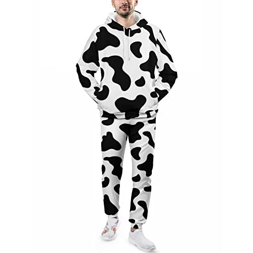 SEPTYK Cowhide Milk Cow Print Hoodie And Sweatpants Set Pullover Tracksuit Drawstring For Casual Unisex