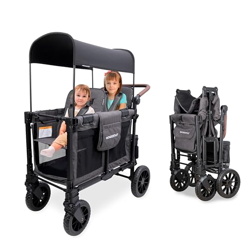 Image of WONDERFOLD W2 Luxe Pro Stroller Wagon (2 Seater) - Collapsible Wagon Stroller with Seats Featuring 5-Point Safety Harnesses and Adjustable Sun Canopy, Charcoal Gray