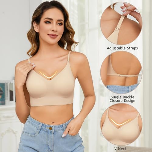 Niwicee Low Back Bra for Women Seamless Bras Deep V Shaped Plunge Backless Bra Multiway Strap Convertible Halter Bra Wirefree with Padding Removeable(Skin,L) - Image 4