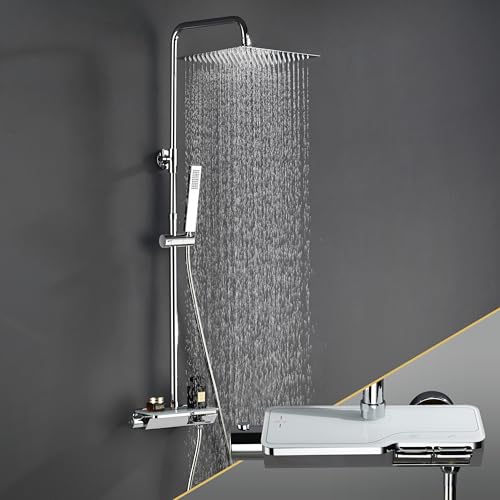 Görbach Colonne de Douche avec Mitigeur Thermostatique, Acier inoxydable Système de Douche avec Robinetterie, Pommeau de Douche, Douchette à Main, Barre de Douche...