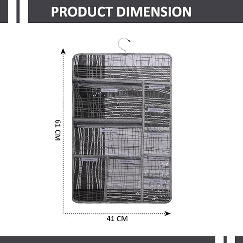 Image of Kuber Industries PVC Lining Design Multi Utility Hanger Organize for Document | 7 Small Pocket with 3 Zipper Hanger File Organize Aadhar | Grey & Black
