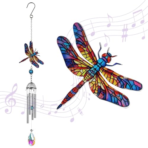 YU FENG 21 Dragonfly Wind Chimes for Outdoor Garden Patio Colorful Metal with Crystal Suncatcher Lucky Memorial Gift for Mom Grandma Women