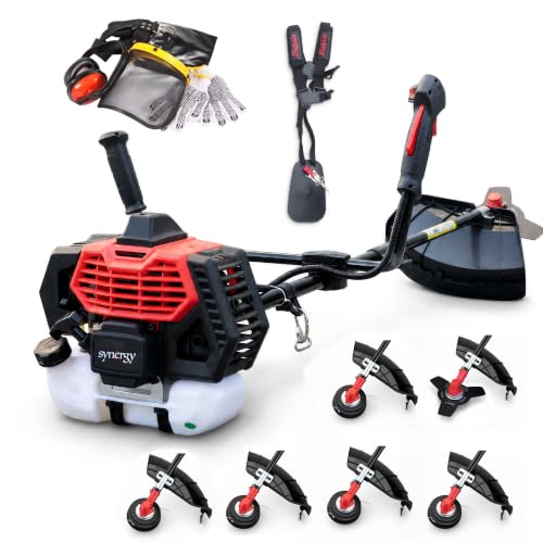 Synergy Desbrozadora Gasolina 65cc 4,9CV 6 en 1 – Motor 2T – 1 Cabezal Automático Reforzado, 4 Cabezales de Hilo, Disco de 3 Puntas, Arnés Doble y Kit de Protecciones