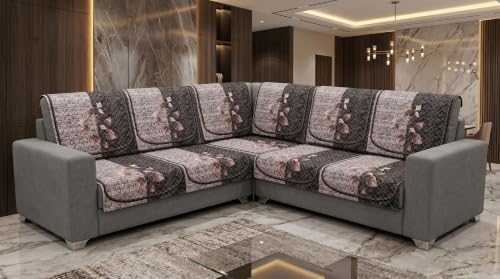 Image of KINGLY Quilted Velvet Sofa Cover Coffee Brown L Shape 3+2 Anti Skid Pipe