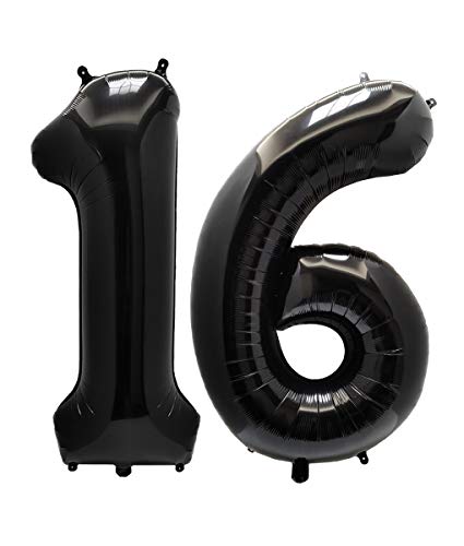 Image of AULE 40 Inch Jumbo Black Foil Mylar Number Balloons for Boy Girl 16th Birthday Party Decorations 16 Years Old Anniversary Party Supplies