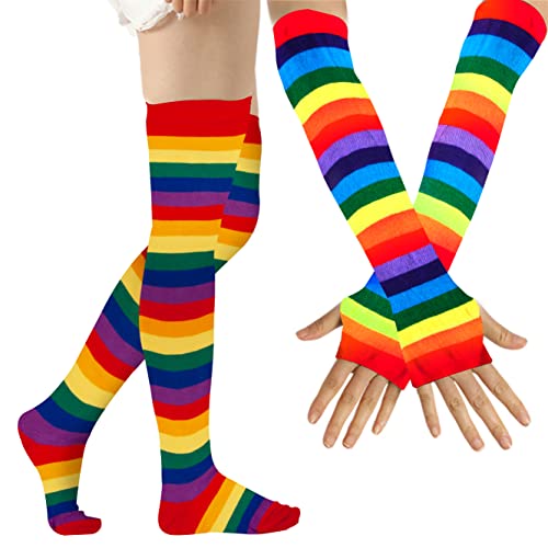 Image of Over Knee Rainbow Thigh High Socks Cosplay Accessories for Women Fashion Wild Long Striped Leg warmers