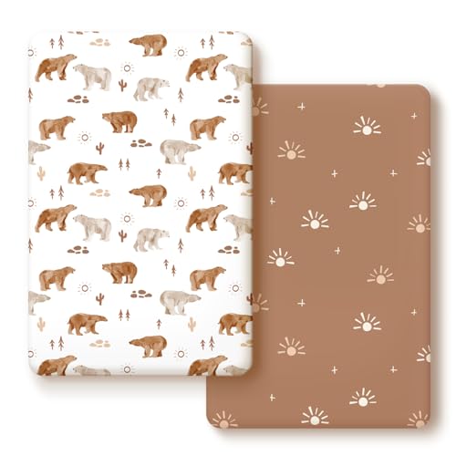 Stretchy Ultra Soft Jersey Knit Fitted Pack n Play Sheets Set 2 Pack, Portable/Mini Crib Sheets for Boys and Girls, Universal Snug Fitted for Pack N Plays, Stylish Playard Sheets of Sunny Bear Print