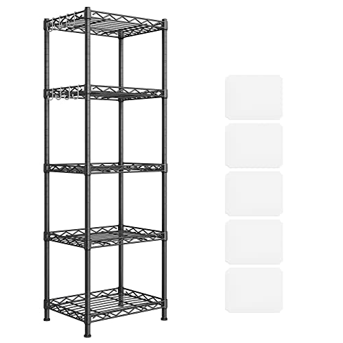 Songmics Kitchen Metal Shelves, 5-Tier Wire Shelving Unit With 8 Hooks, Narrow Storage Rack With Pp Shelf Liners, Height-Adjustable, For Bathroom, Pantry, Black Ulgr115B01 #TOP28