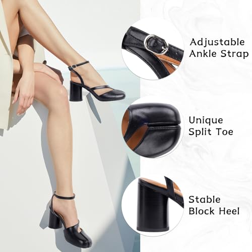 perixir Black Tabi Shoes Heeled Sandals with Block Heel Elegant Closed Split Toe Slingback Heels with Ankle Strap Retro Strappy 3.27-inch High Heel for Office Dance Evening3