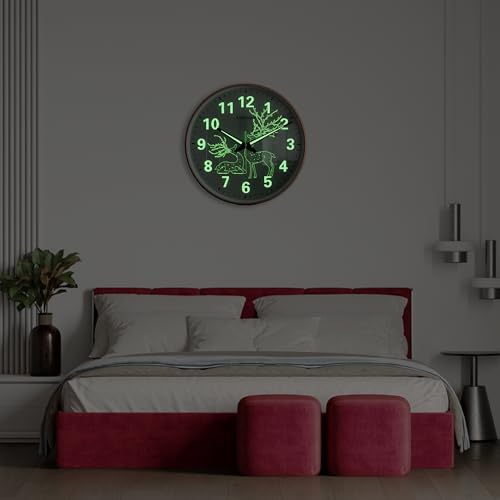 Image of Auromin Antique Radium Glass Wall Clock Night Glow for Bedroom | Night Light Silent Glass Wall Watch for Living Room, Living Room, Study (Clock-GL-Deer-RDM-DYNY)