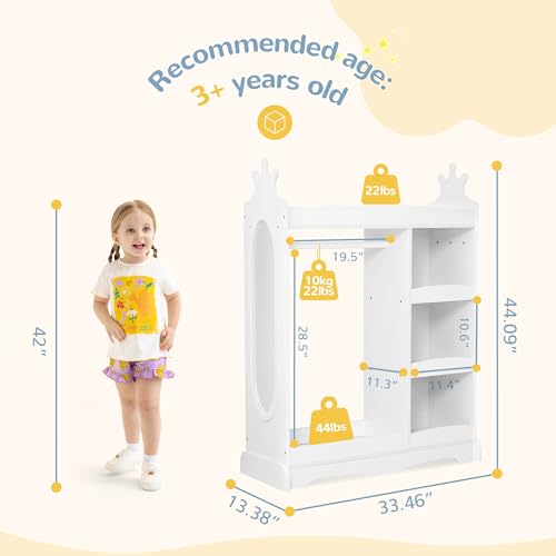 Curipeer Kids Dress up Storage with Mirror, Kids Wardrobe with 3 Hooks, Kids Closet for Girls Boys, Open Hanging Armoire Costume Organizer for Bedroom, Preschool, Classroom, White - Image 3