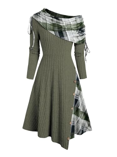 ZAFUL Women's Off Shoulder Asymmetric Knitted Midi Dress Long Sleeve Plaid Patchwork Ribbed A Line Dresses2