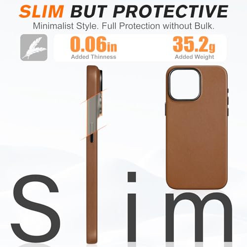 SHIELDON Case for iPhone 15 Pro Max 6.7\", Genuine Leather/Magnetic Wireless Charging/Anti-Scratch/Non-Slip Grip/Shockproof/Slim Fit Phone Case Cover Compatible with iPhone 15 Pro Max 5G - Saddle Brown