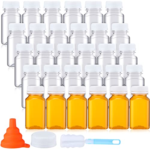 Nuogo 36 Pack 5 oz Plastic Juice Bottles Bulk with Lids Reusable Transparent Clear Drink Containers Caps Mini Bulk Beverage Water Bottle with Funnel and Brush for Juicing Milk Drinking(White Lid)