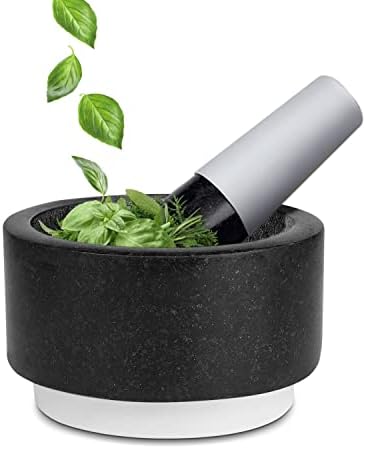 Flexzion Silicone Mortar and Pestle Set Marble Pestal Mortar 5.5" Black Marble Mortar And Pestle with Silicone Base and Easy Grip Handle Kitchen Stone Grinder Bowl for Guacamole Bowl Salsa Spice
