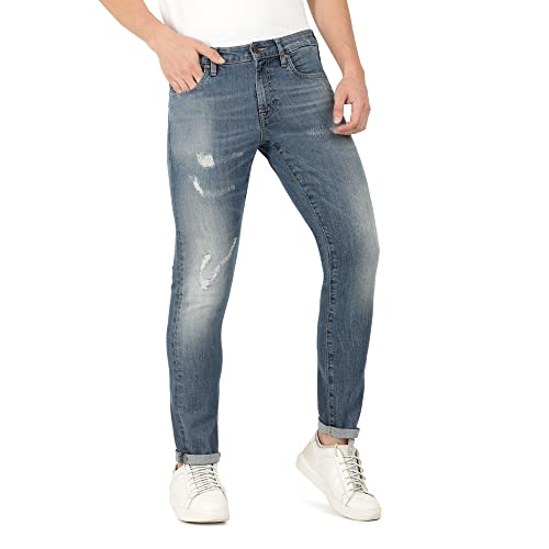 Image of Everblue Men Solid Stretchable Blue Tapered Slim Fit Heavy Fade Midrise Jeans