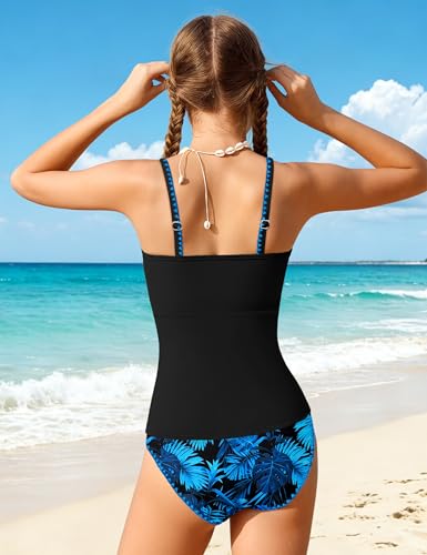 Image of Girls Swimsuit Solid Color Tankini Contrast Trim Swimwear 2 Piece Bathing Suit Padded Swimsuits for Teens 9-16Y
