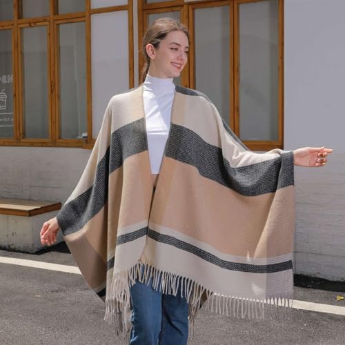 GIBZ Poncho Cape Shawl for Women Contrast Striped Tassels Shawls Wrap Open Front Winter Warm Sweater Ponchos4