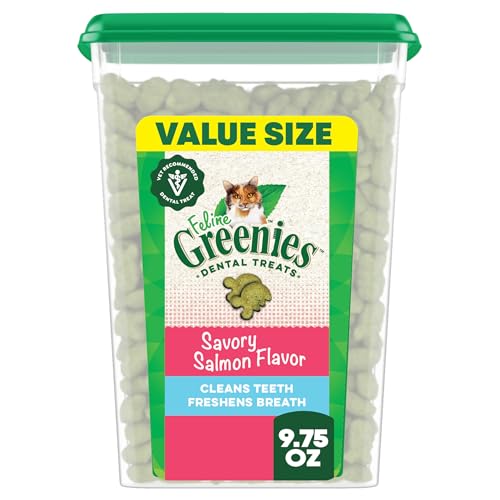 Greenies Feline Veterinarian-Recommended Adult Natural Dental Cat Treats, Savory Salmon Flavor, 9.75 oz. Tub