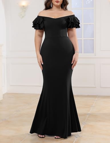 Image of Ekaliy Women's Plus Size Maxi Dress Elegant V-Neck Ruffle Sleeves Bodycon Mermaid Evening Gown