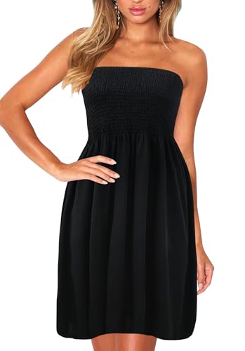 Image of Zyyfly Tube Top Dress Women Summer Beach Coverup Stretch Smocked Strapless Dress
