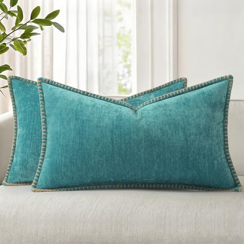 Image of decorUhome Fall Chenille Soft Cozy Throw Pillow Covers 12x20 Set of 2, Modern Farmhouse Boho Velvet Decorative Pillow Cases with Stitched Edge for Couch Sofa Bed Home Decor, Turquoise