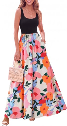 Image of Crsiphee Women Summer Dresses Boho Floral Maxi Dress Sleeveless Tank Flowy Beach Dresses Long Sundress for Vacation Resort and Cruise Wear 2026 Pink M