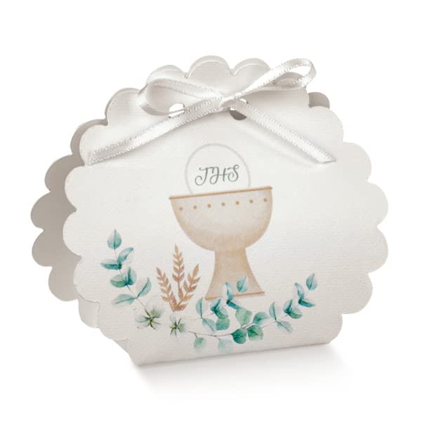 Boîtes à dragées première communion avec ruban et cartes pour une table de fête réussie