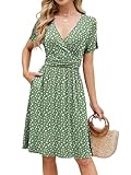 Material: 95% Rayon，5% Spandex， soft, stretchy and lightweight material, comfortable to touch and wear. Features: short sleeve, faux wrap v neck, floral sundress, empire waist dress，above knee length, with pockets, casual style Style: Spring Dress，su...