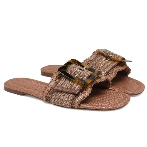 Raffia Flat Sandals for Women Woven Rattan Buckle Slide Sandals Summer Slip On Beach Sandals