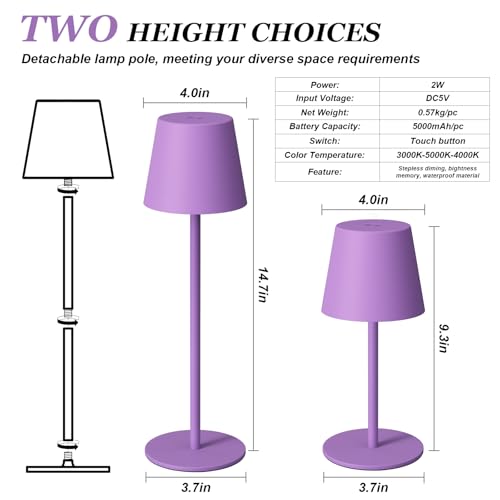 Image of Kakanuo Cordless Table Lamp Rechargeable Purple - KK 2 Pack 5000mAH Battery Operated Lamp for Counter, 3 Color Stepless Dimming Wireless Lamp for Dining Kitchen, Outdoor Patio, Touch Control